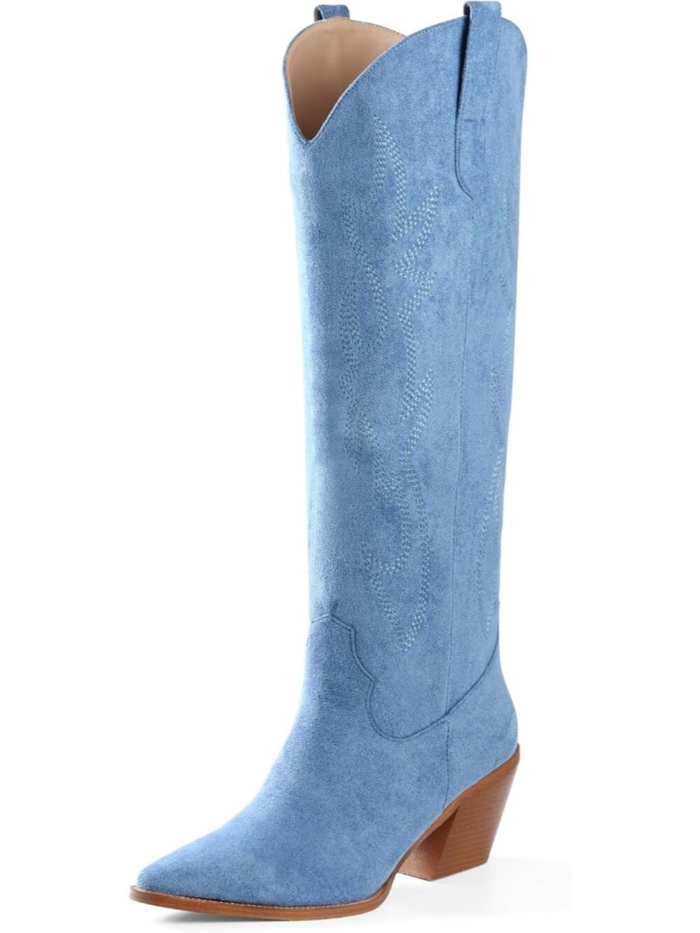 Women Blue Faux Leather Knee High Pointed Toe Block Heel Cowboy Boots